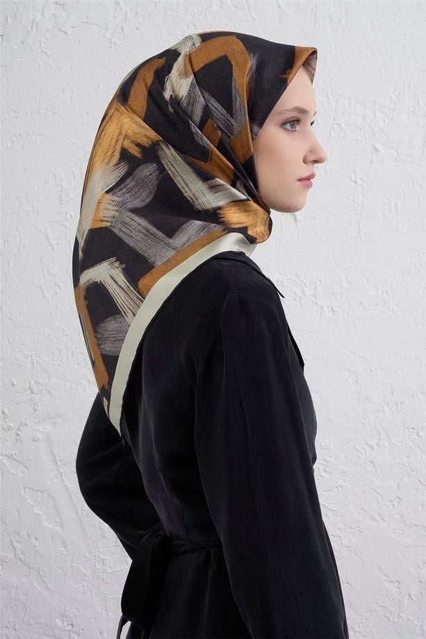 Armine Dj Saf İpek Eşarp 9413D (T) - Siyah - Kemik