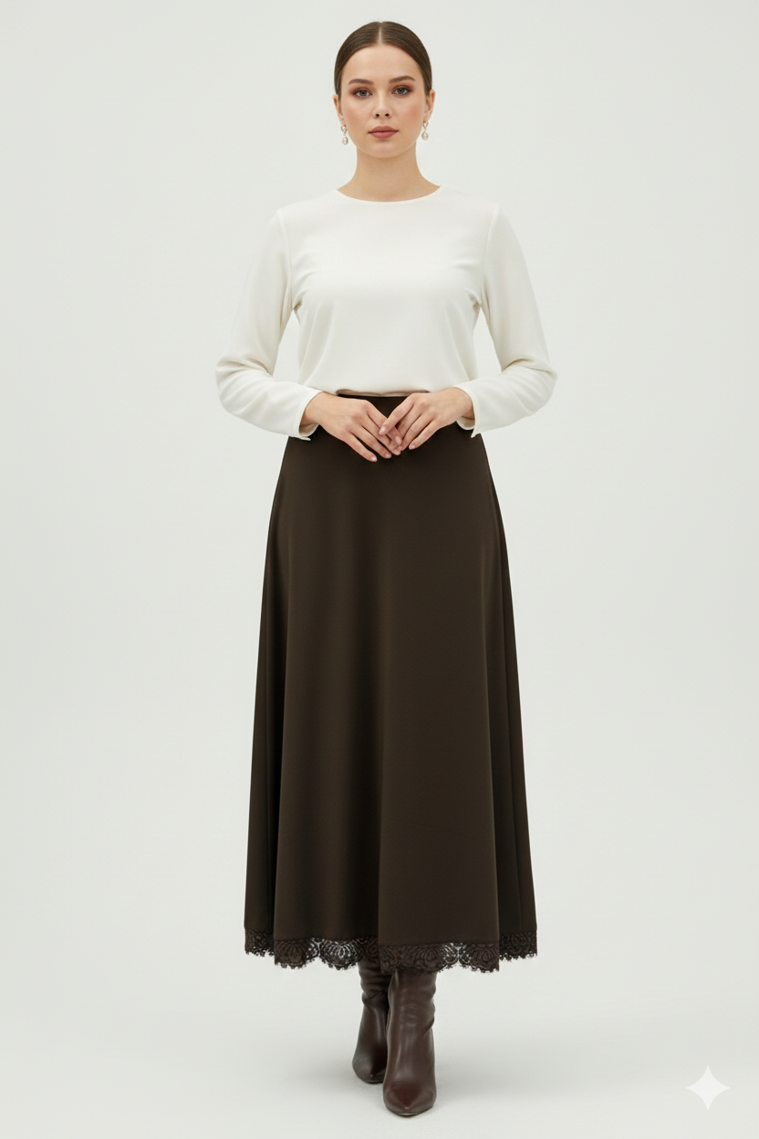 Dantel Detaylı Scuba Etek 18288 - Browni