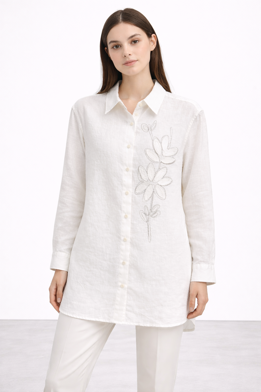 Fuat Gürşen 5364 Çiçeği Kabartmalı Tunik - Ekru