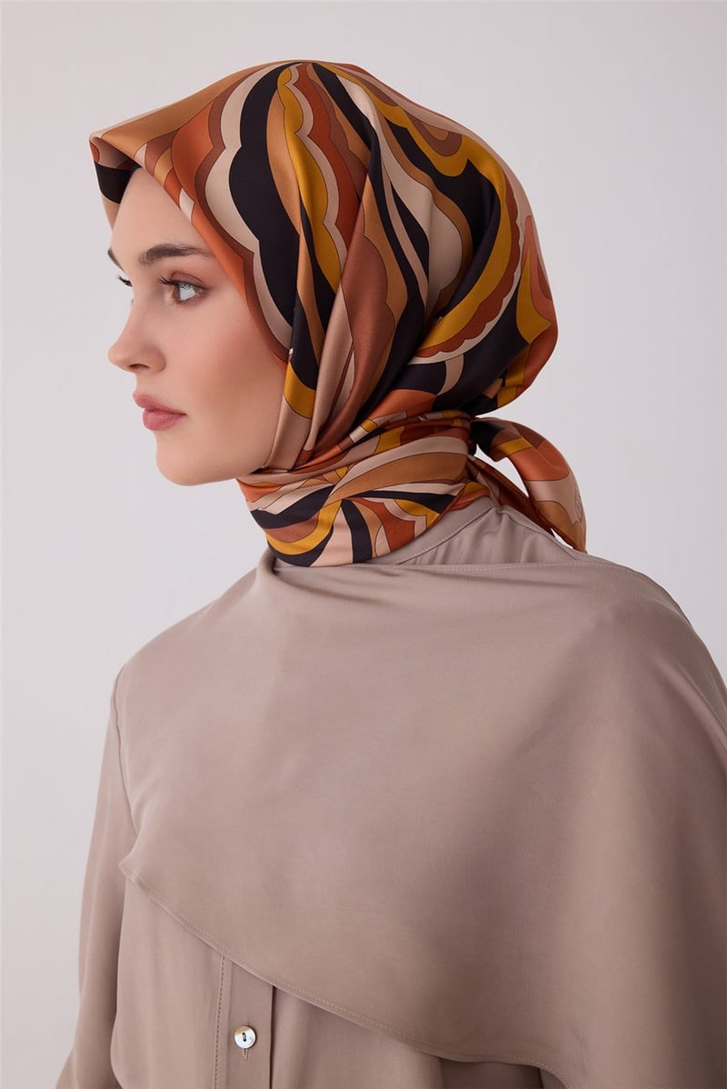 Belli 4414 Dalga Katmanları Soyut %100 Twill İpek Eşarp Açık Kahve Eşarp BELLI 