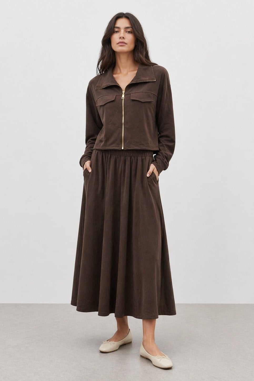 Ceketi Fermuar Detay Etekli Takım 14440 - Browni