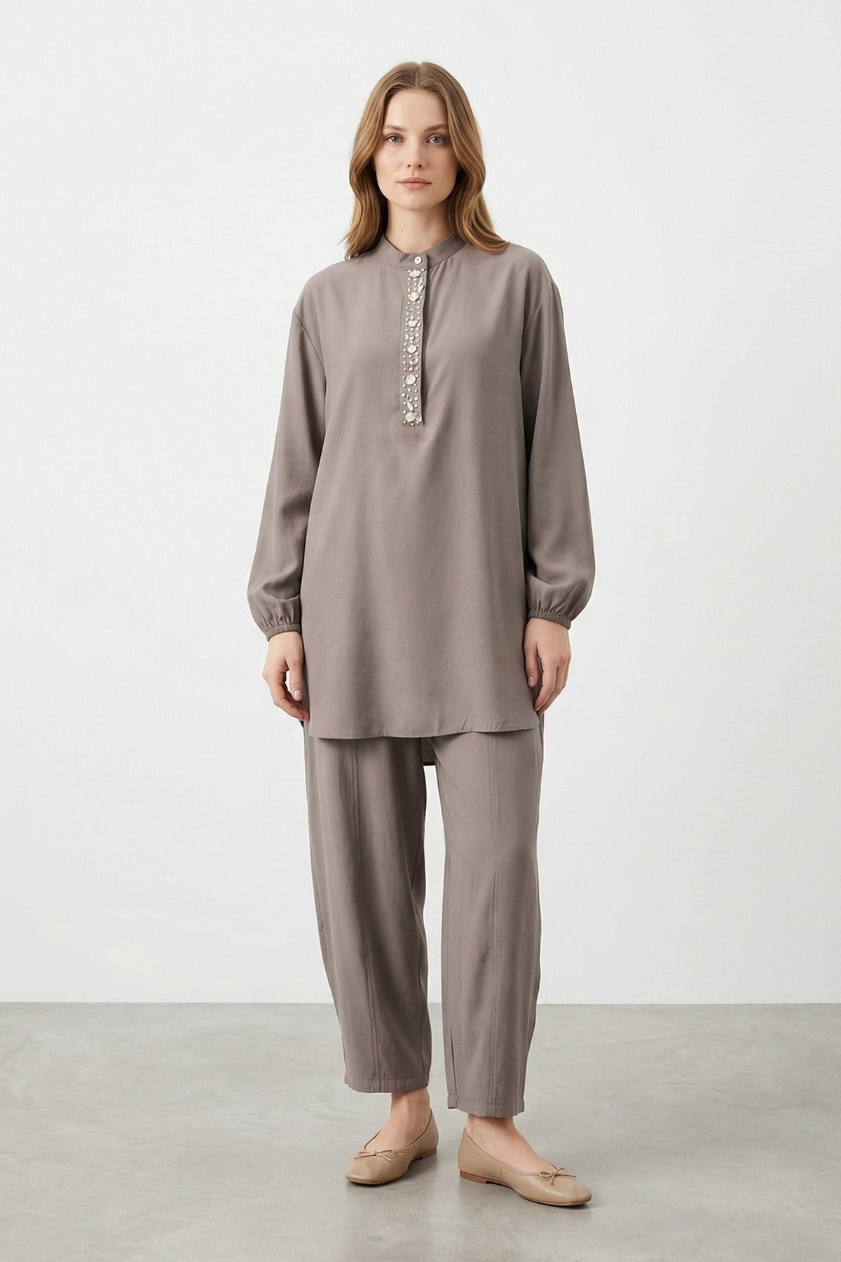 Deniz Kabuğu İşlemeli Pantolonlu Takım 14422 - Vizon