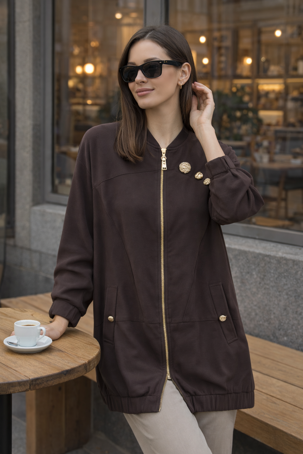 Üç Düğme Detay Fermuarlı Kap 1524 - Browni