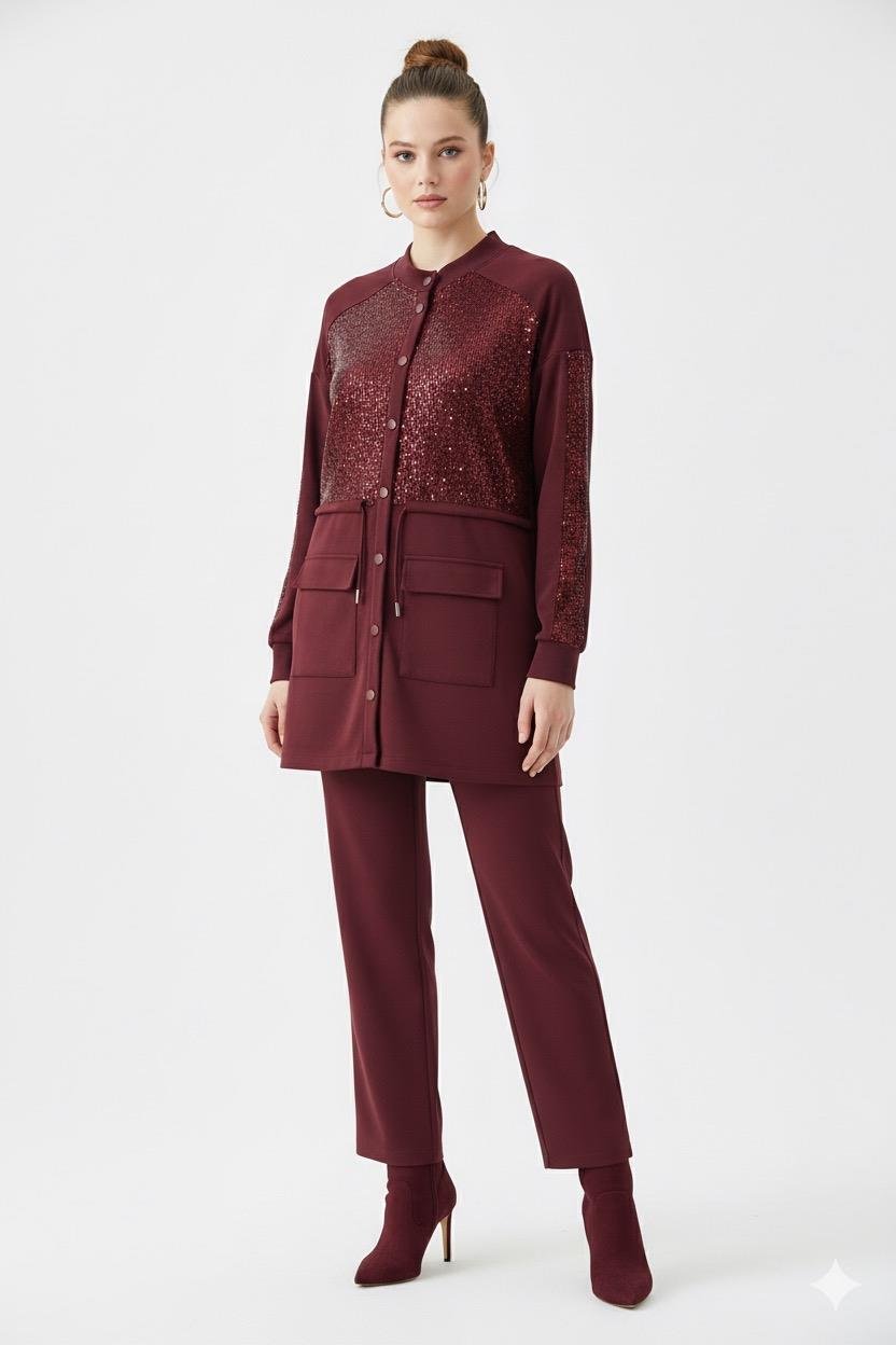 Ahi 11143 Payet Detay Pantolonlu Takım - Bordo