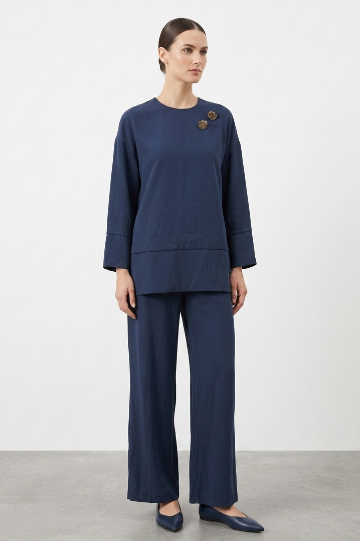 Yaka Broş Detay Pantolonlu Takım 14493 - F.Navy