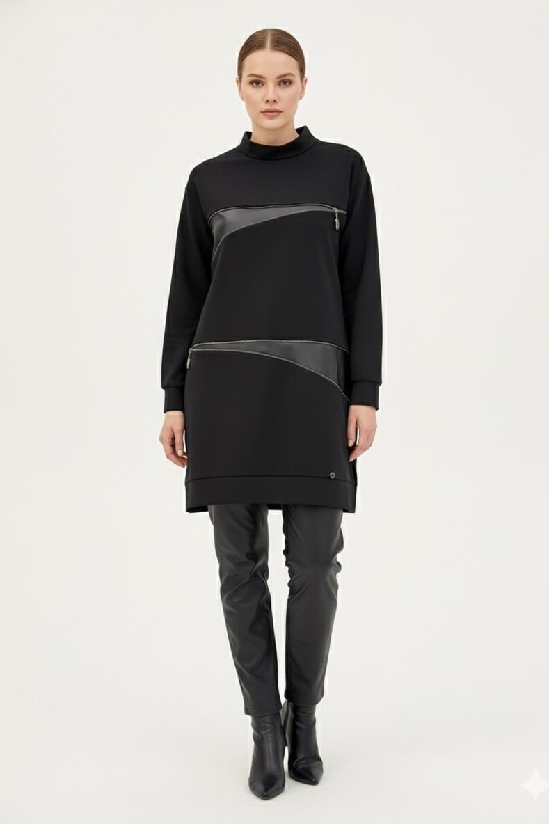 Armine Trend 25KT452 Deri ve Fermuar Detay Tunik - Siyah