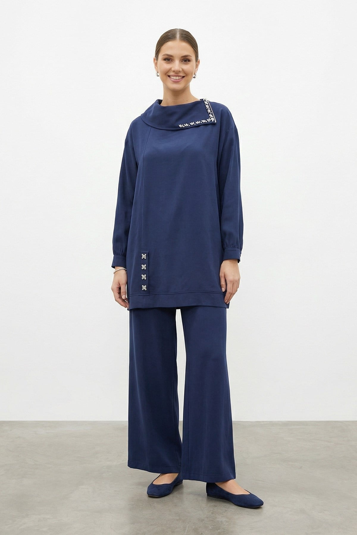 Yaka Taş ve Fermuar Detaylı Pantolonlu Takım 14448 - F.Navy