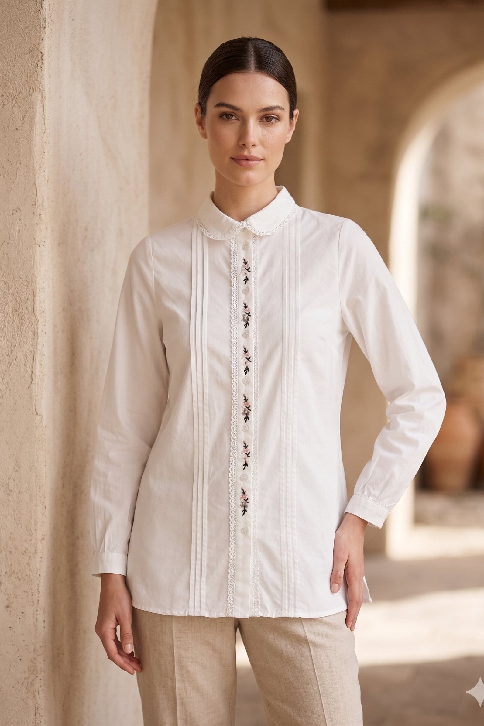 Nakış Detaylı Vintage Gömlek Tunik 260134 - Beyaz