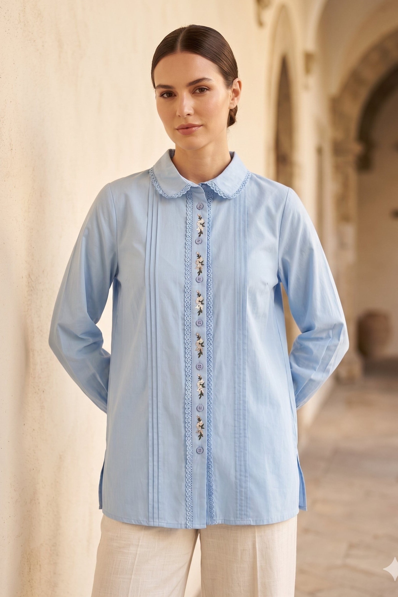 Nakış Detaylı Vintage Gömlek Tunik 260134 - Mavi