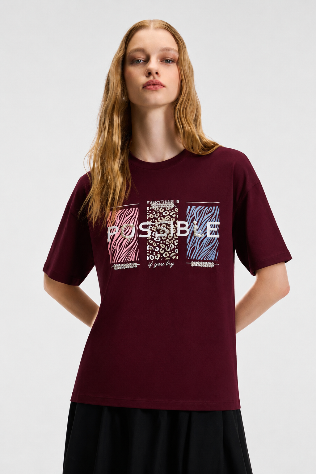 Possbile Yazısı Taş İşlemeli Tshirt 3055 - Bordo