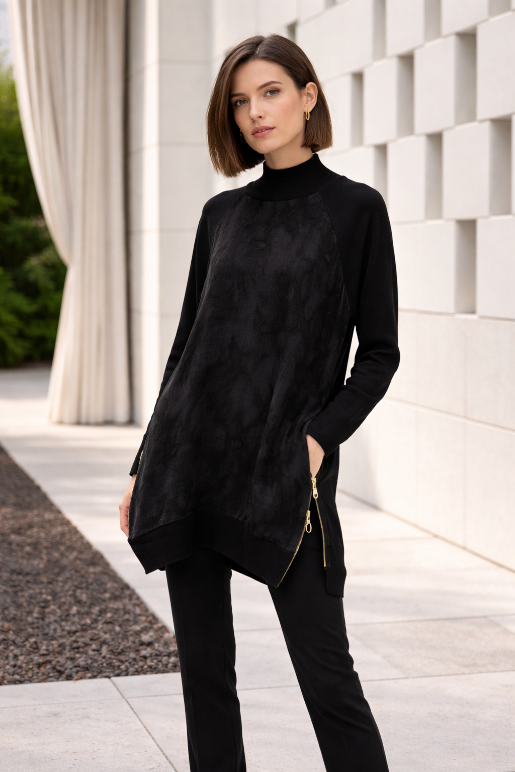 Soyut Desen Yan Fermuar Detay Qupra Tunik 290 - Siyah