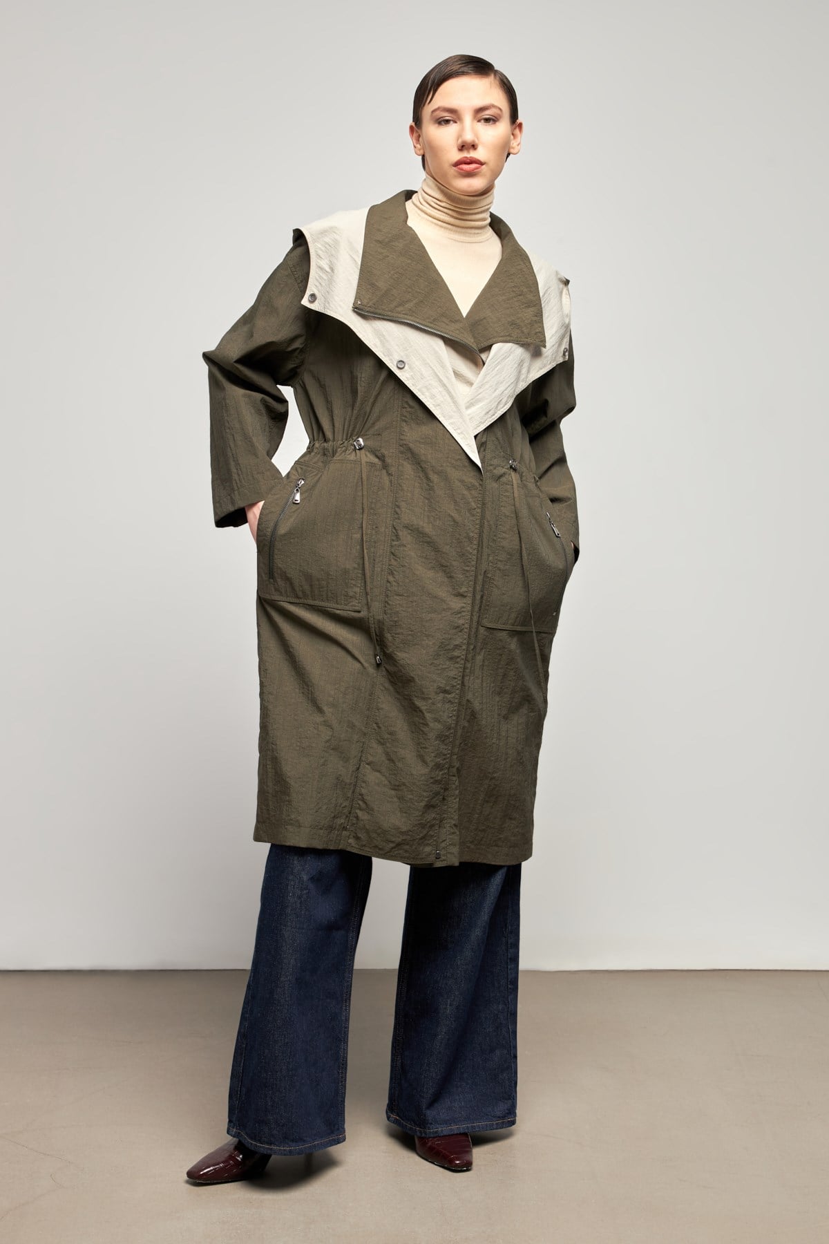 Trenç 3626 Çift Renk Detay Trenç - Haki