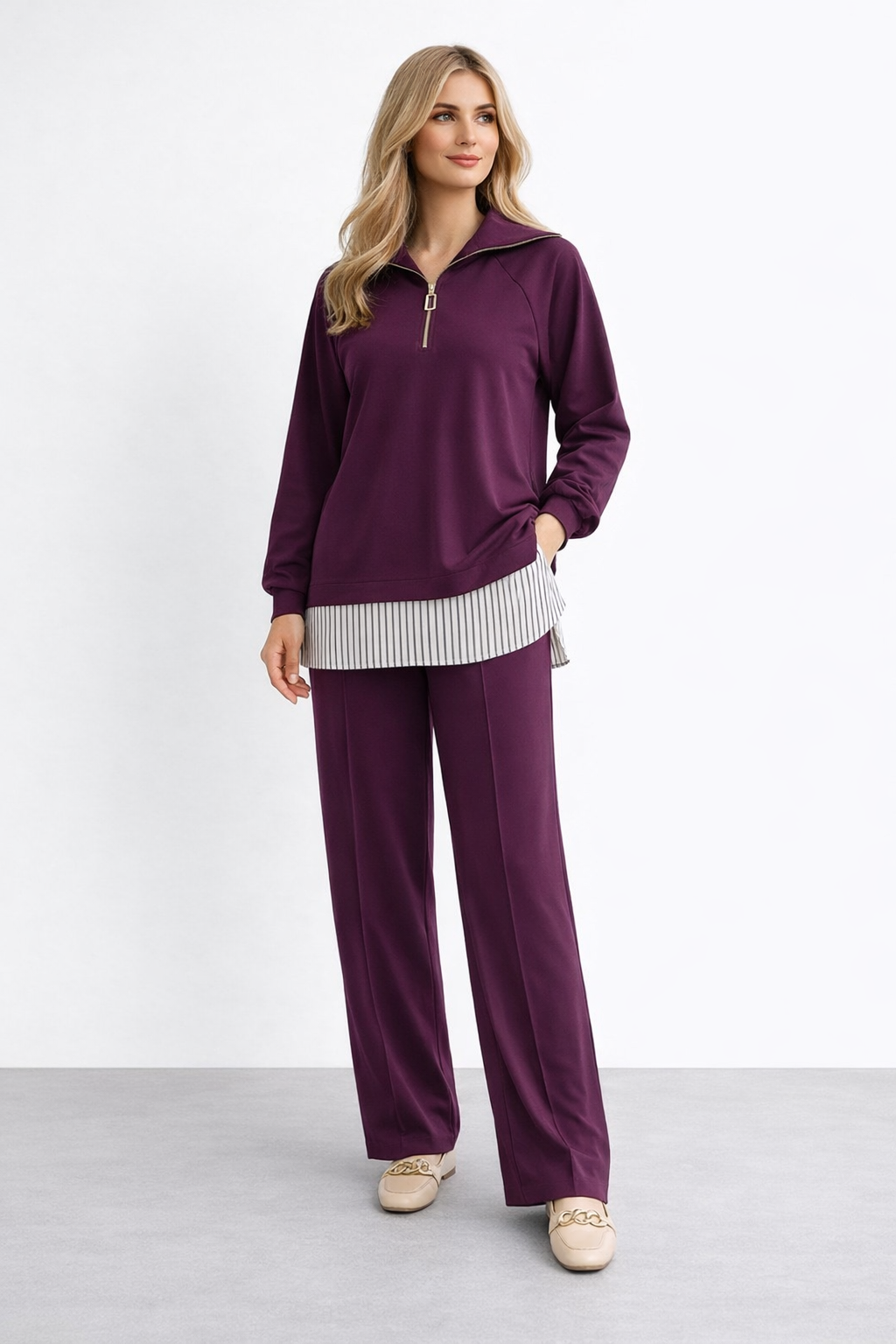 Nuss 1075 Gömlek Detay Gemici Yaka Pantolonlu Takım - Mürdüm