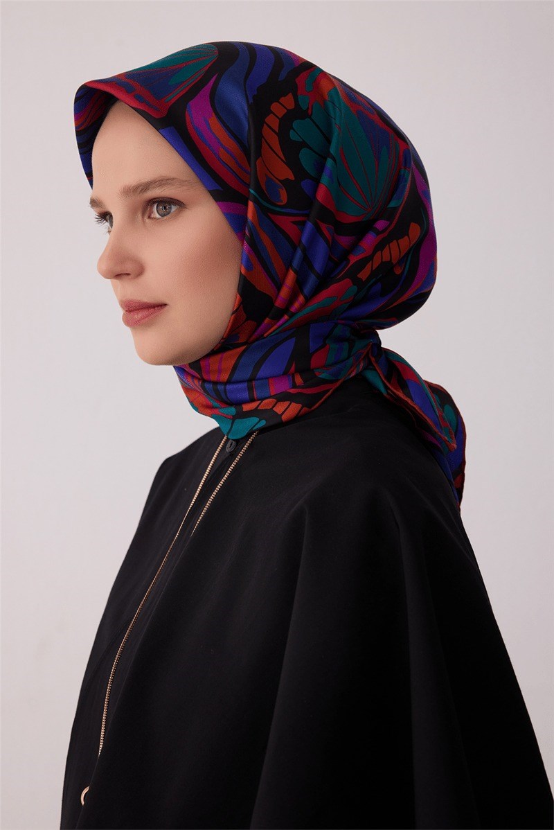 Belli 4417 Fırça İzleri Soyut %100 Twill İpek Eşarp - Petrol Eşarp BELLI 