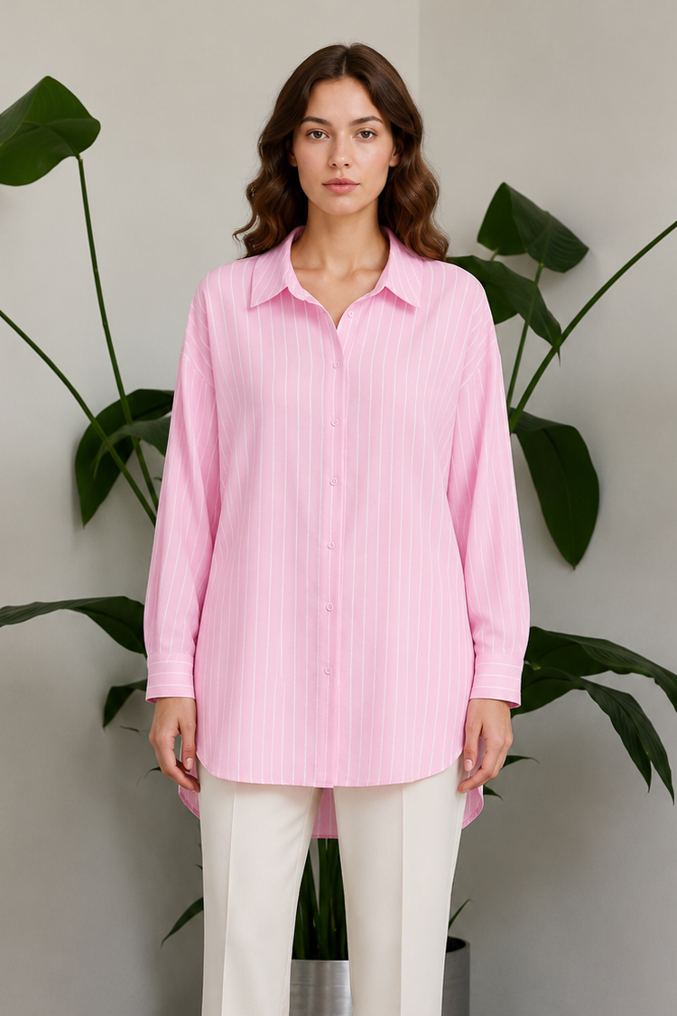 Çizgili Basıc Gömlek Tunik 0027268 - Pembe