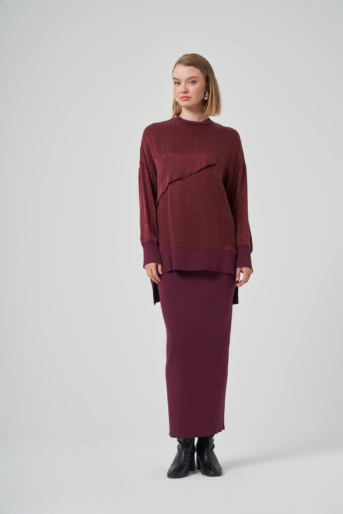 Nuss 3003 Çarpraz Biye Detay Jakarlı Tunik - Bordo