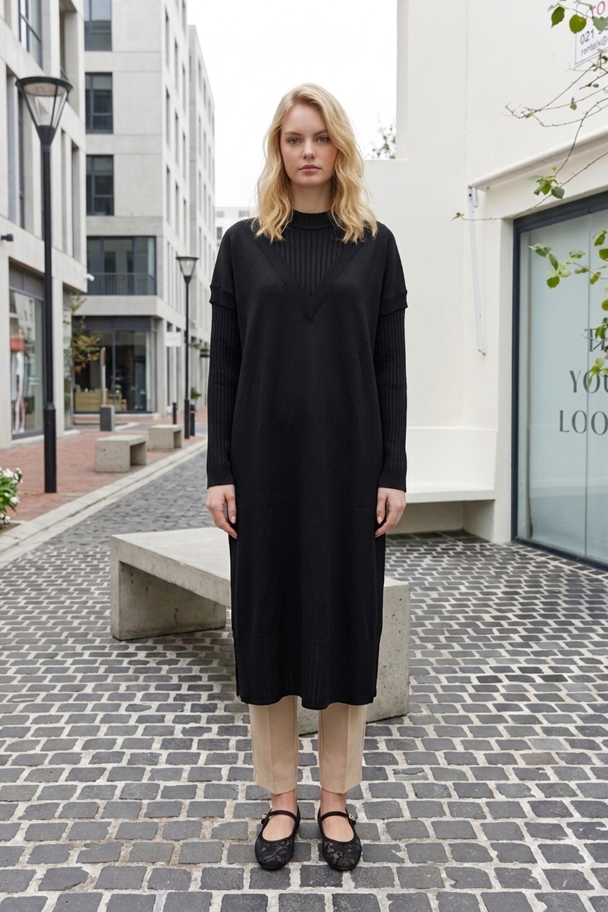 Ön V Detay Uzun Tunik 35326 Siyah Tunik Miss Knit 