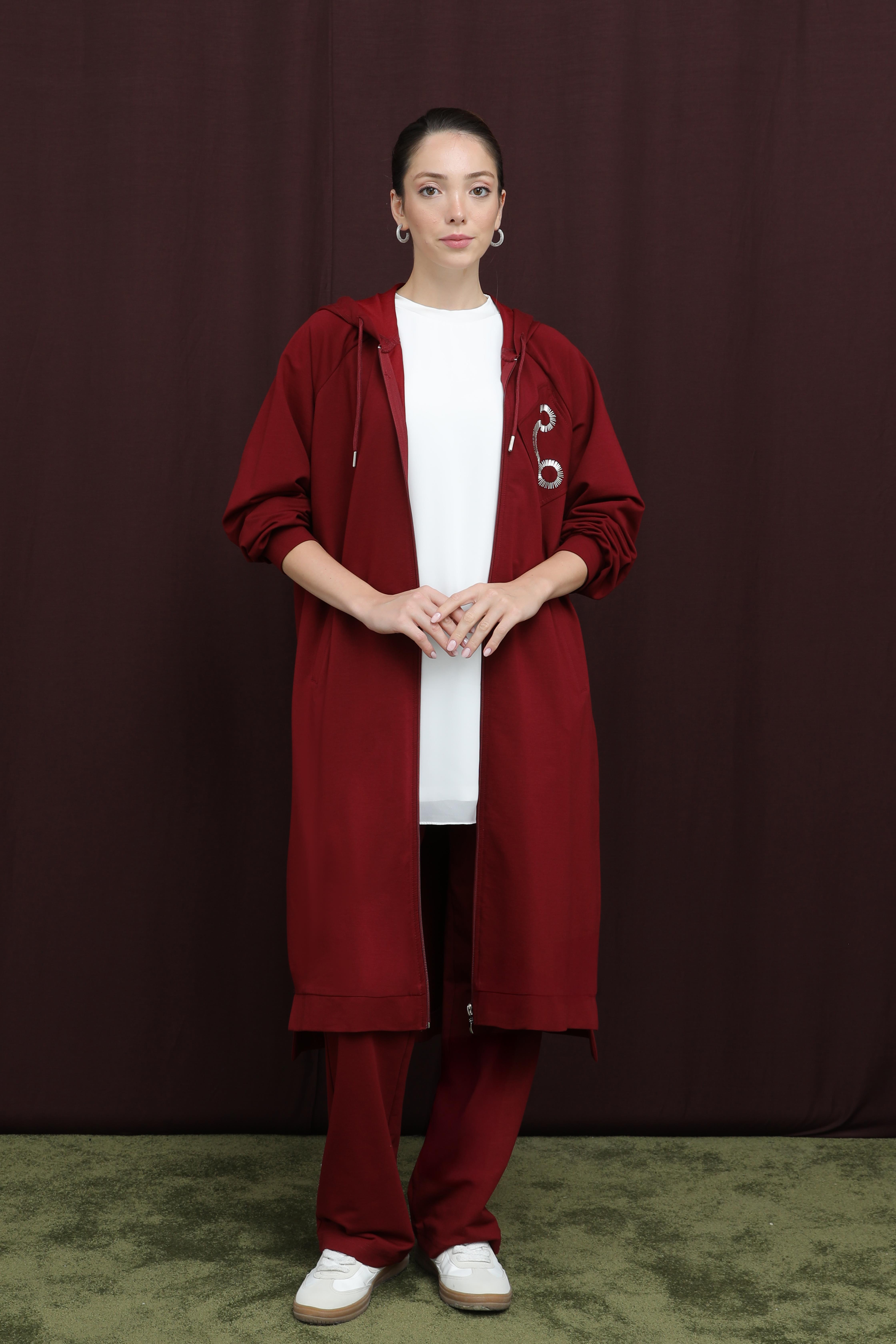 Yakası Halka Boncuk İşlemeli Pantolonlu Takım 14393 - Burgundy