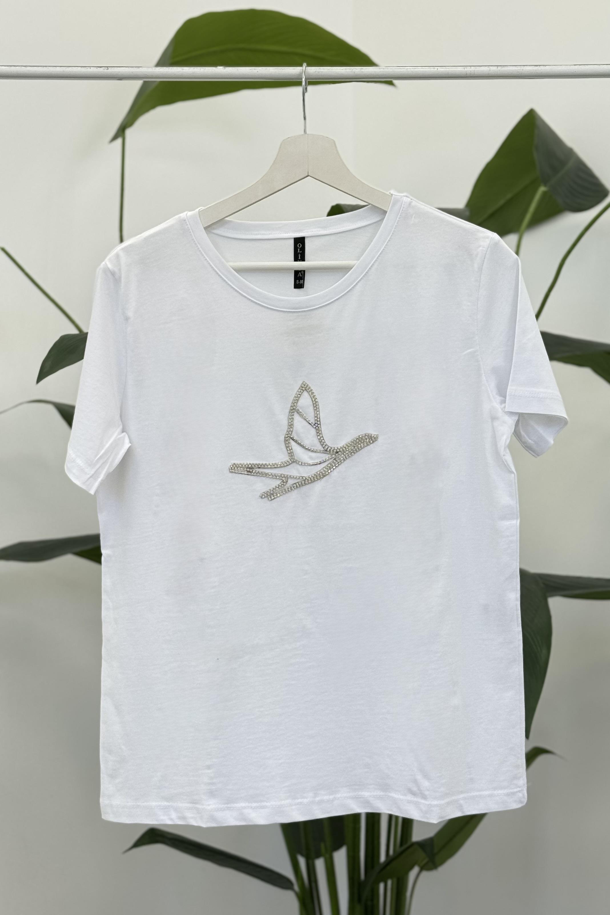 Kuş Taş Baskılı Tshirt 3084 - Beyaz