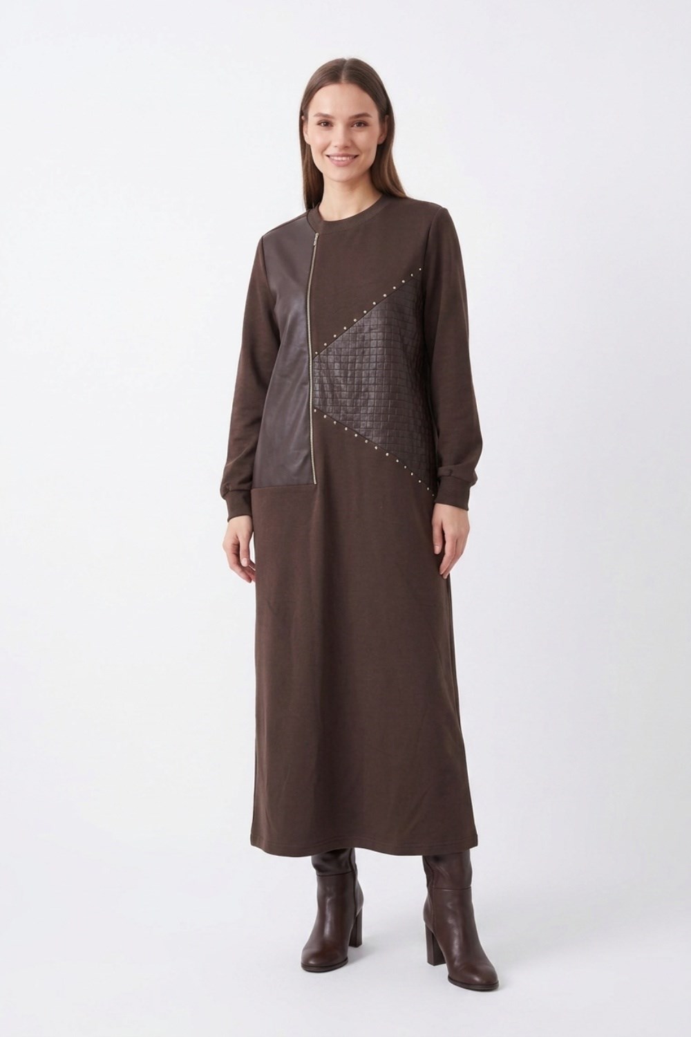 Deri ve Fermuar Detay Elbise 12723 Browni Elbise PUANE 