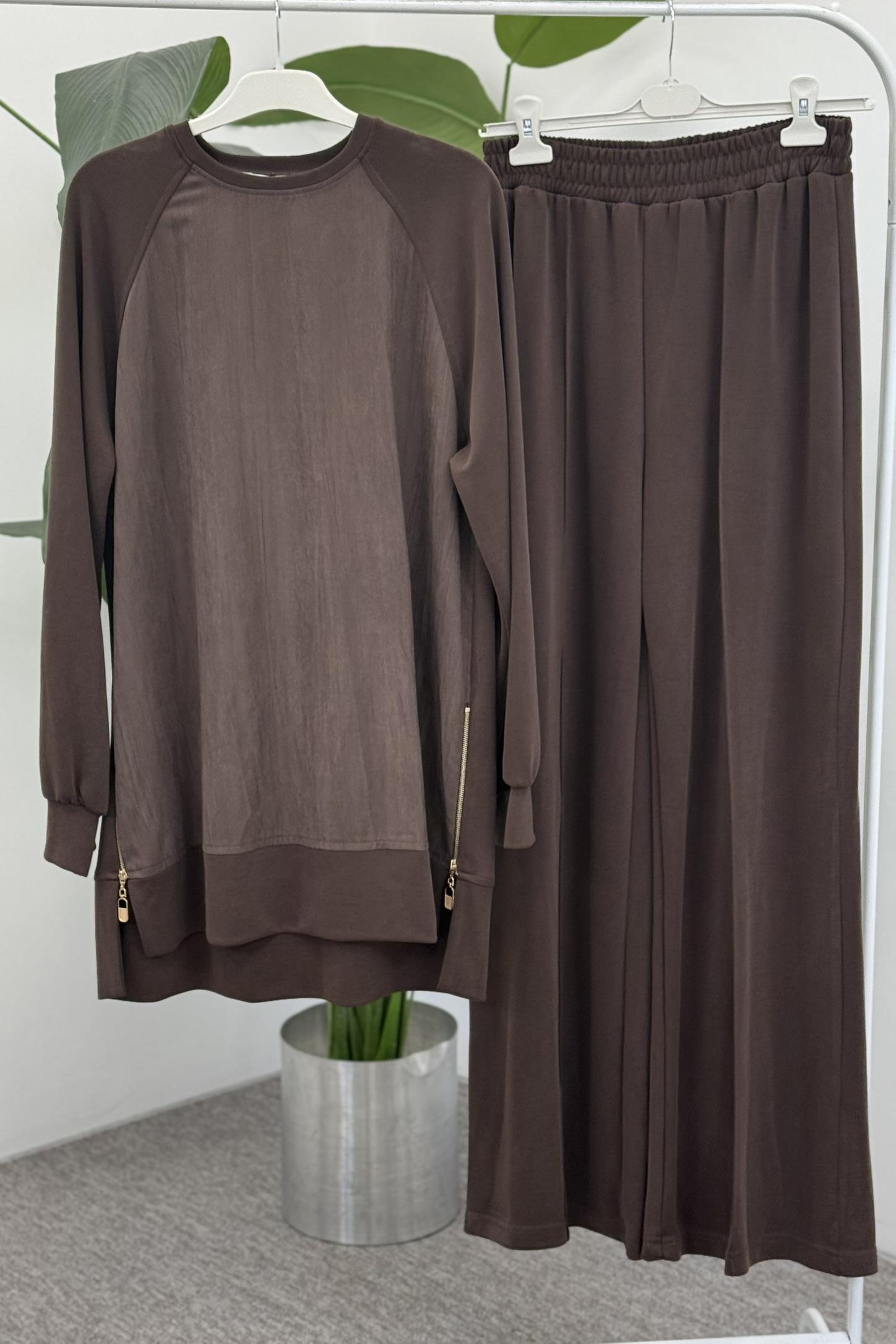 Yan Fermuar Detaylı Pantolonlu Takım 14470 - Browni