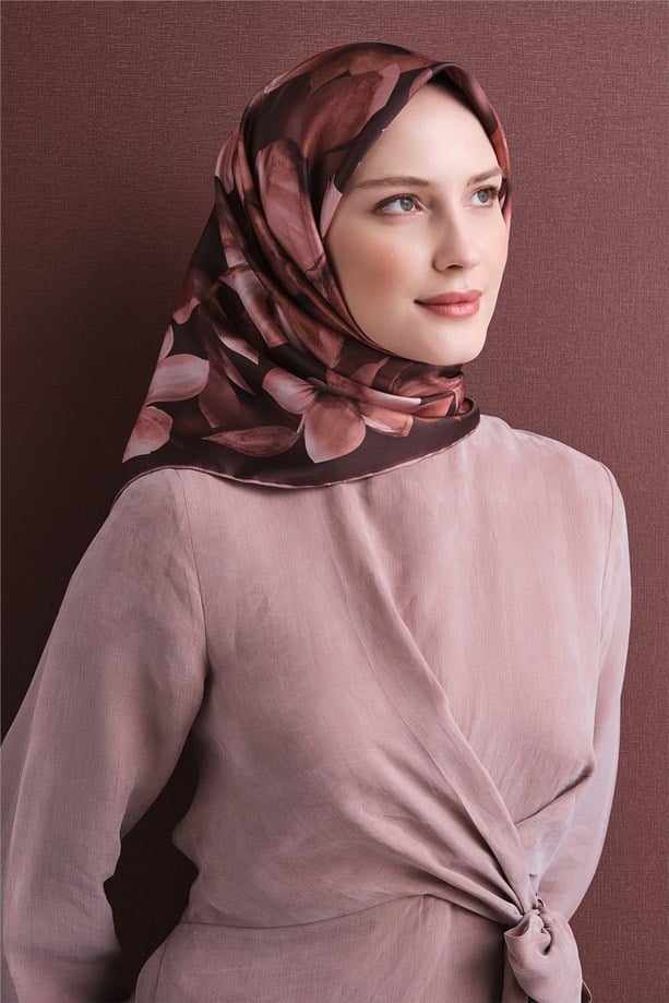 Armine Dj Saf Twill İpek Eşarp 9632D (T) - Kahve Eşarp ARMİNE 