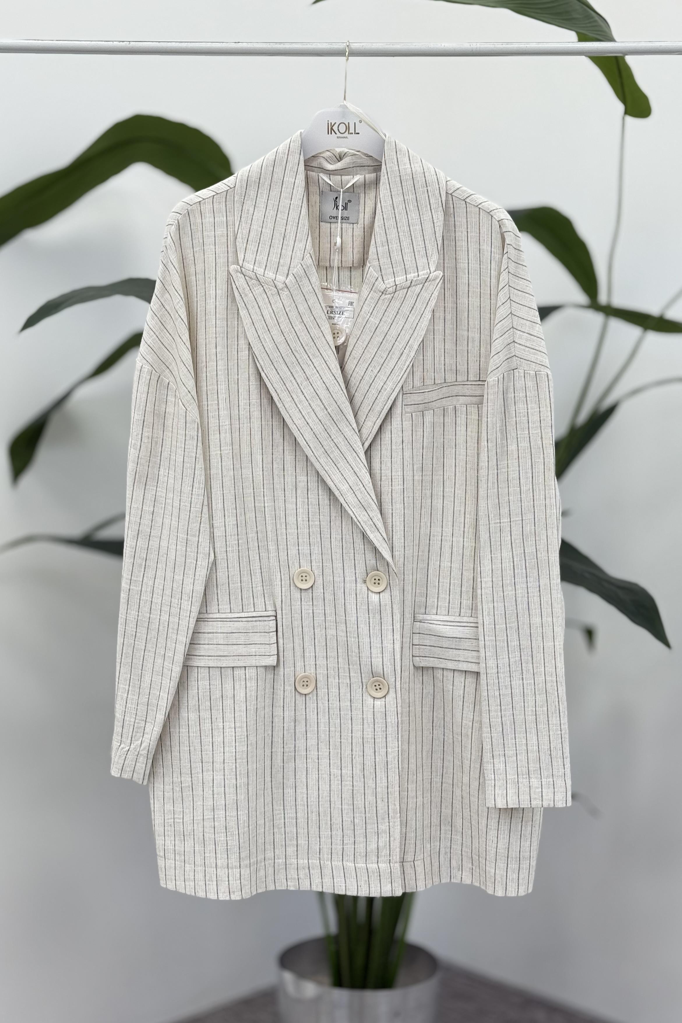 Oversize Çizgili Ceket 0035482 - Bej