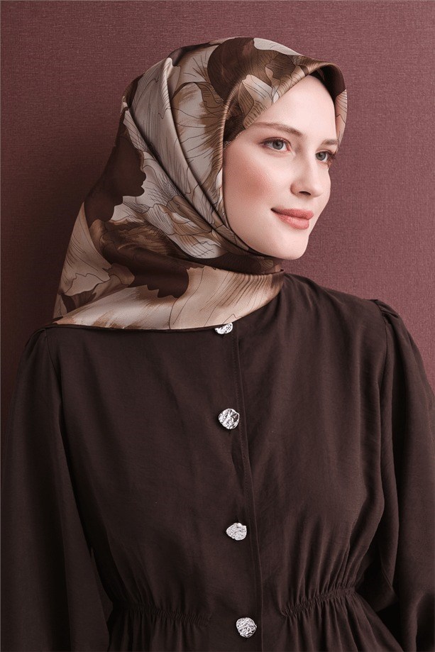 Armine Dj Saf Twill İpek Eşarp 9627D (T) - Kahve Eşarp ARMİNE 