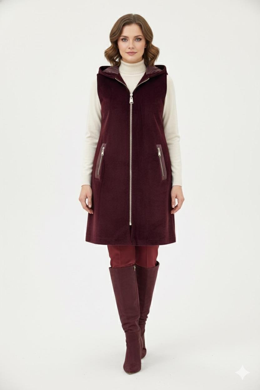 Deri Detaylı Kapüşonlu Yelek 1433 - Bordo