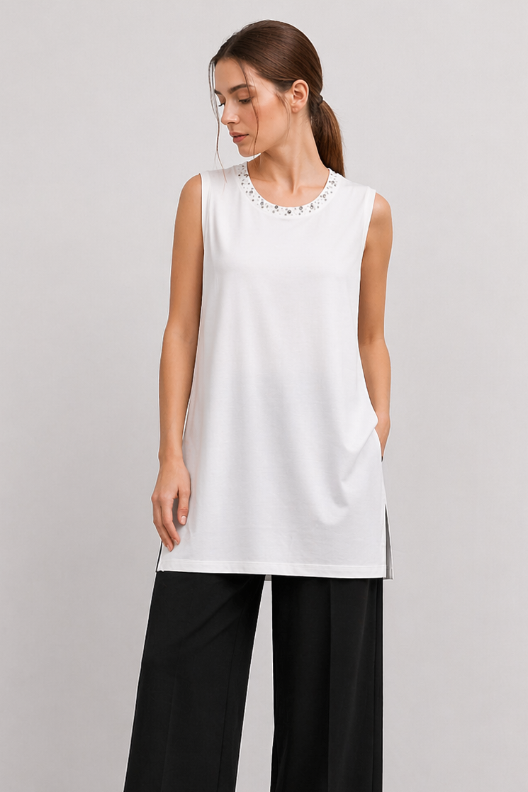 Ceremony 26Y152 Yakasi I·şlemeli Kolsuz Kısa Bambu  Bluz - Ekru