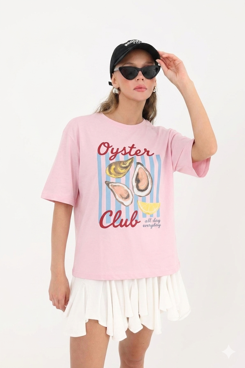 Qyster Club Yazılı Tshirt 4031 - Pembe