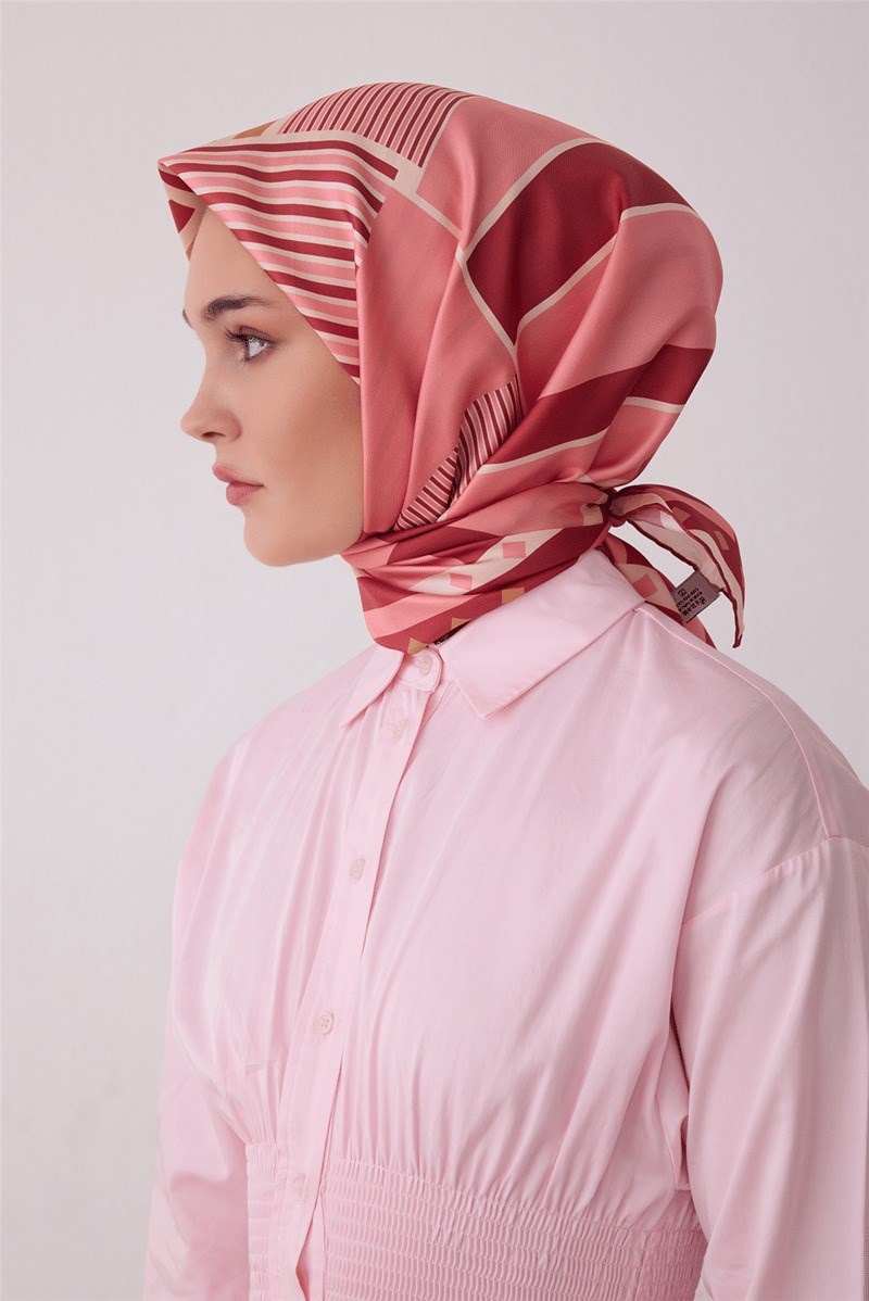 Belli 4401 Köşeli Ritim Geometrik %100 Twill İpek Eşarp - Pembe Eşarp BELLI 