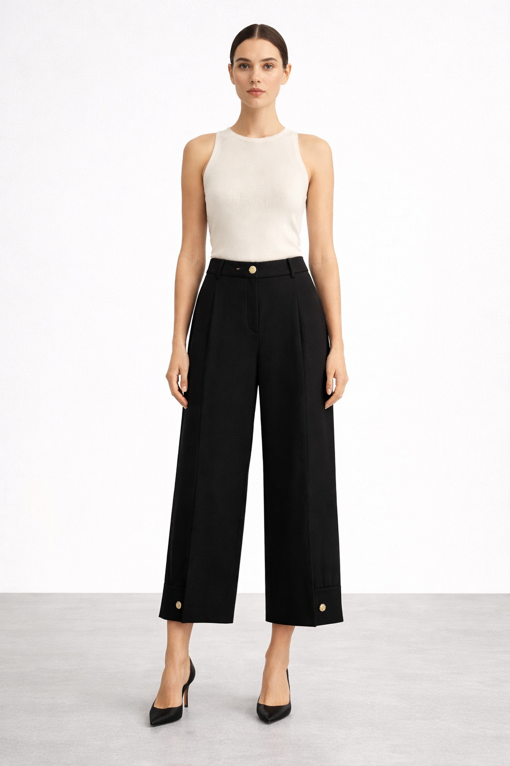 Sentez 5626 Venüs Paçası Pileli Düğmeli Pantolon - Siyah