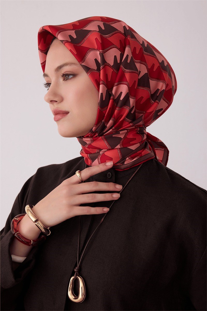 Belli 4406 Pusula Ağı Geometrik %100 Twill İpek Eşarp - Kırmızı Eşarp BELLI 