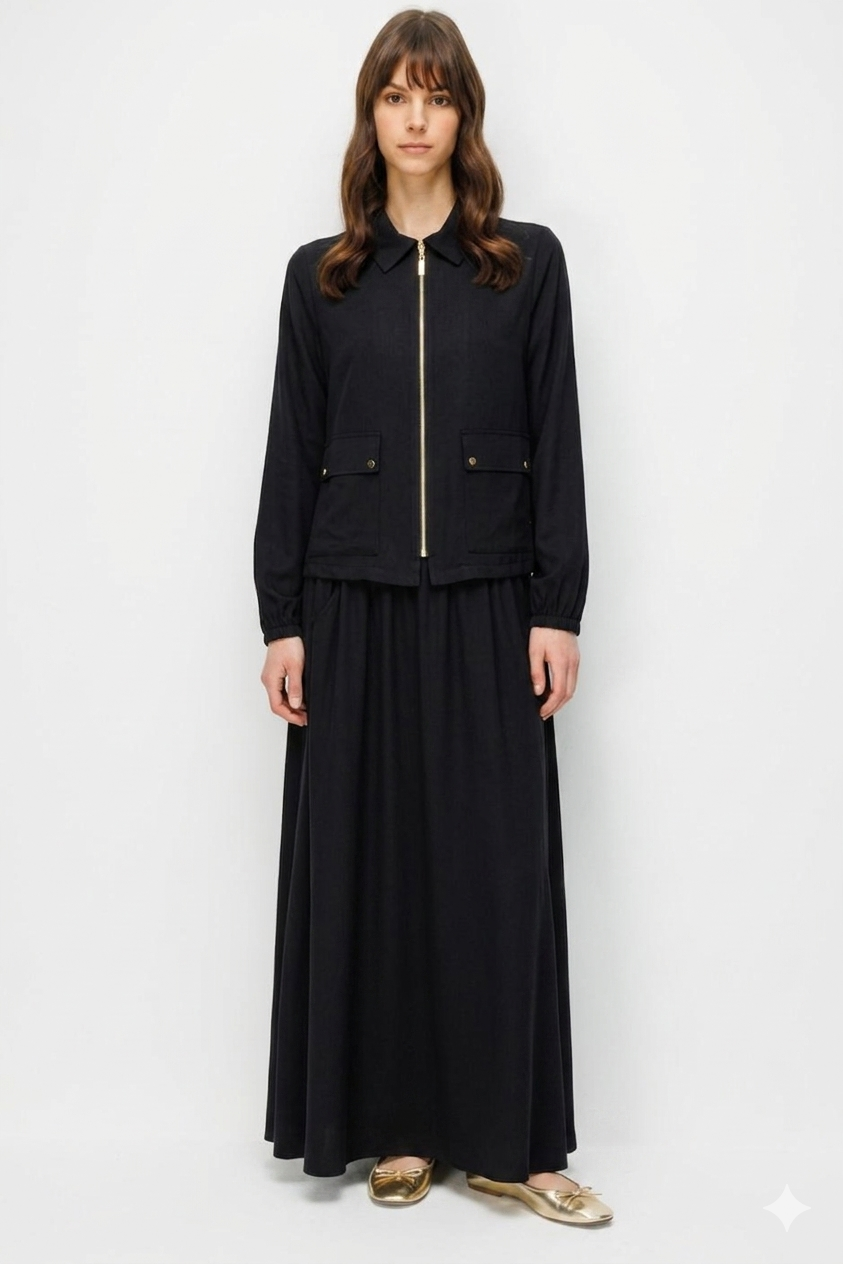 Micca 261830 Dökümlü Ceket ve Etek Kombinli Takım - Siyah