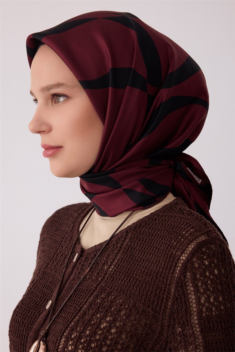 Belli 4429 Fırça Akışı Soyut %100 Twill İpek Eşarp - Mürdüm Eşarp BELLI 