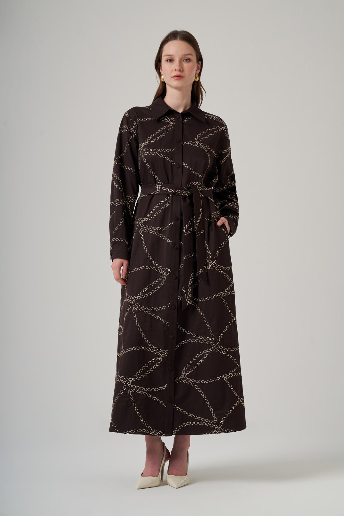 Nuss 2044 Halkaları Sim İp Detay Elbise - Kahve