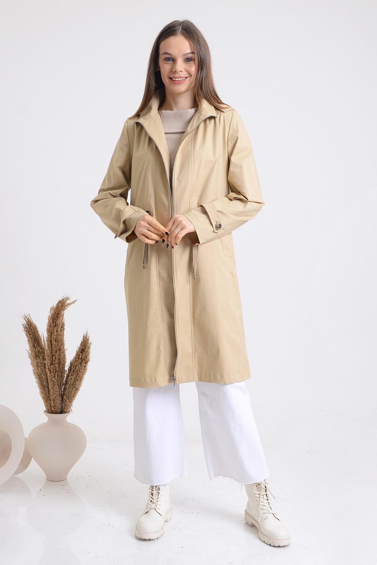 Trenç 3534 Bel Büzgü Detay Fermuarlı Trençkot - Camel
