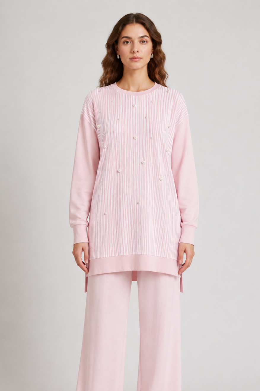 Fuat Gürşen 5363 Papatya Aksesuar Çizgili Tunik - Pembe