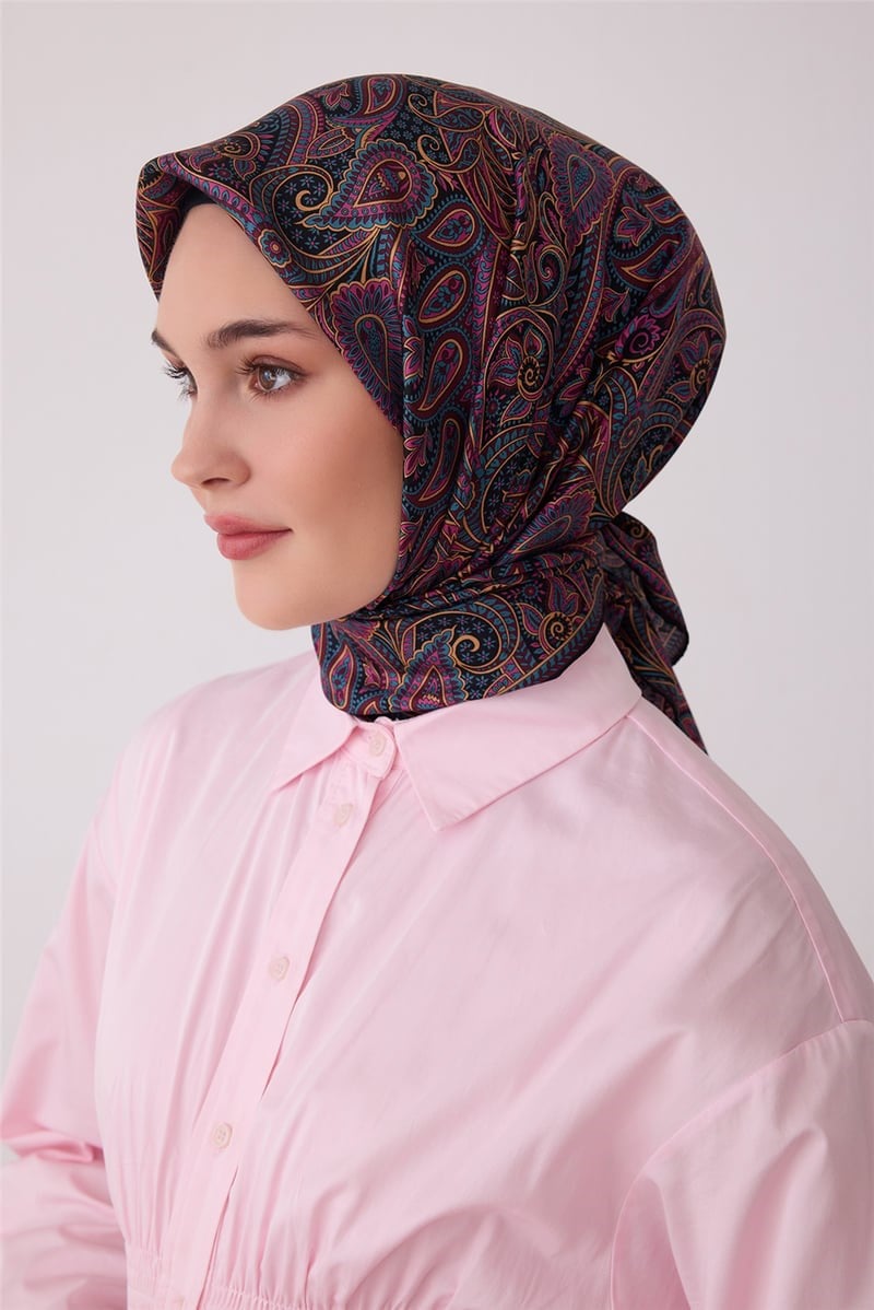 Belli 4404 Anadolu Kilim Etnik %100 Twill İpek Eşarp - Morcivert Eşarp BELLI 
