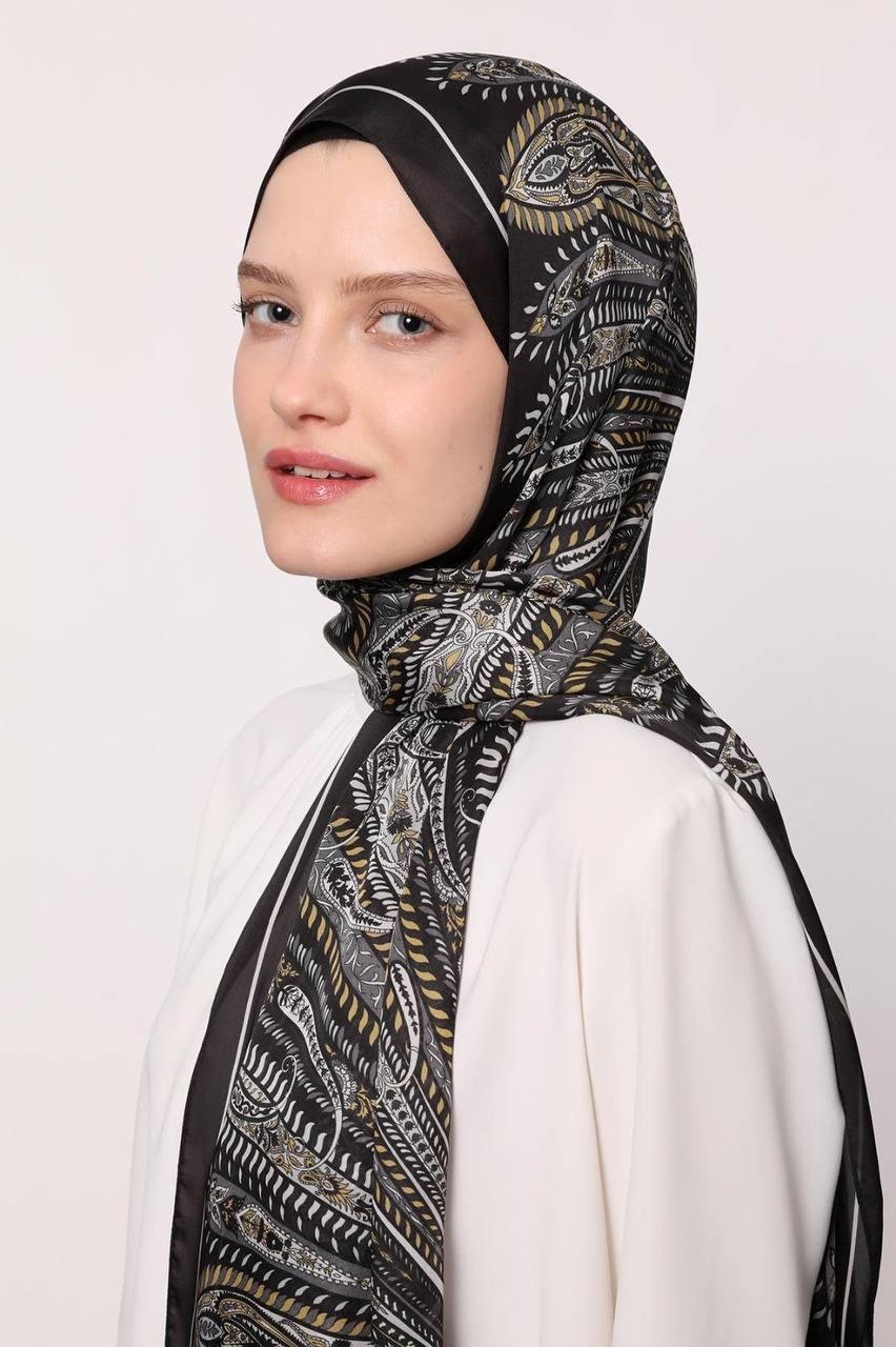 Luven 11855 Luven Sara Hint İpeği Şal - Siyah - Sarı