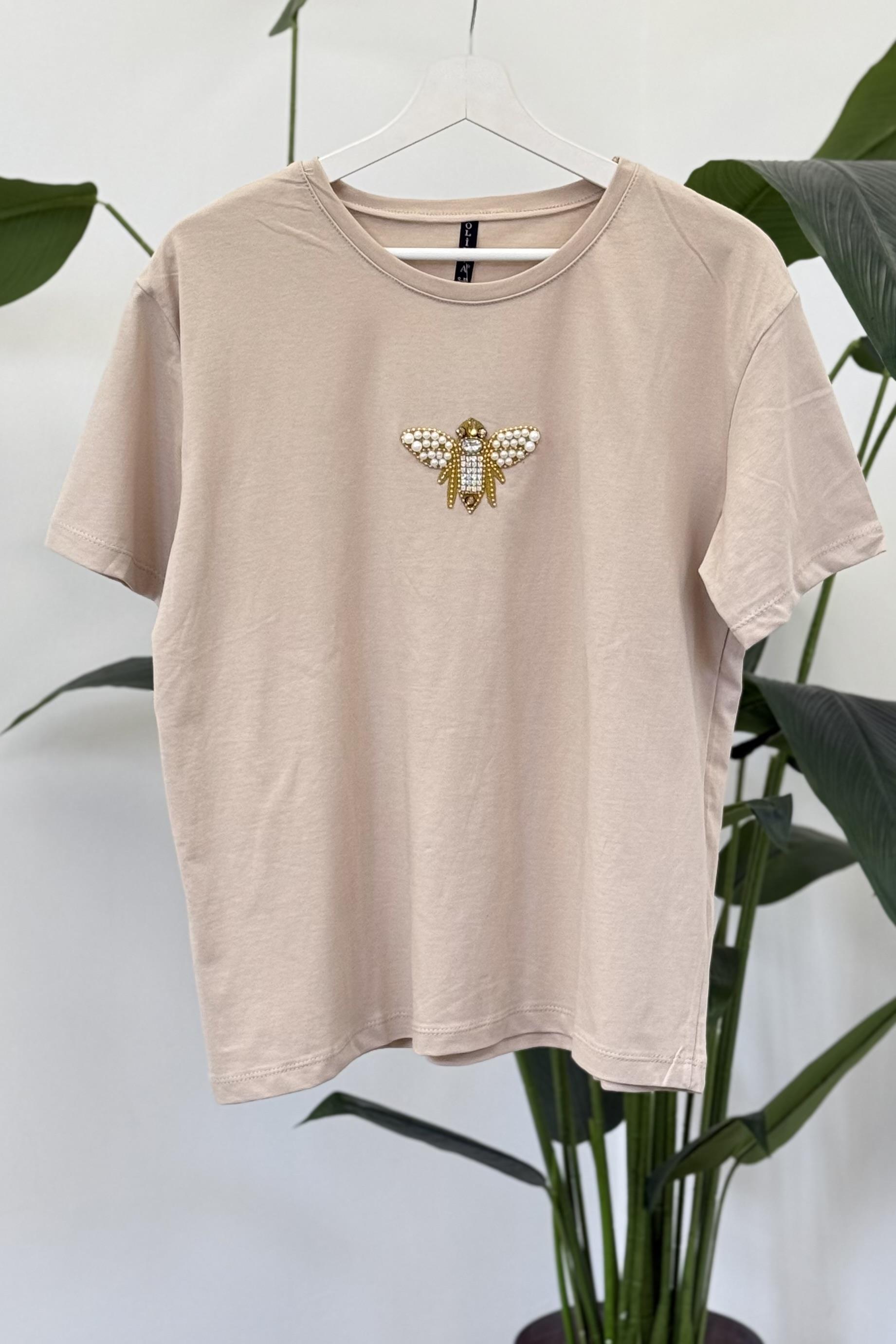Arı Boncuk İşlemeli Tshirt 3086 - Bej