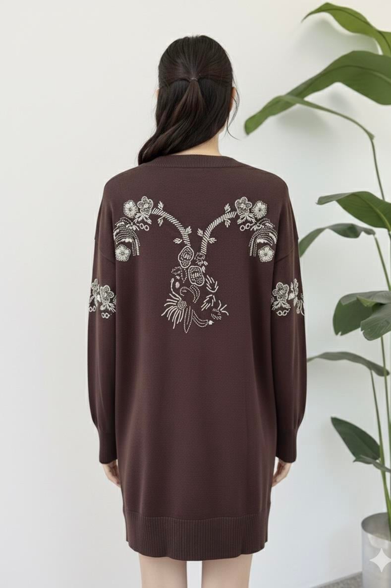 Sırt ve Kol İşlemeli Hırka 140497 - Kahve