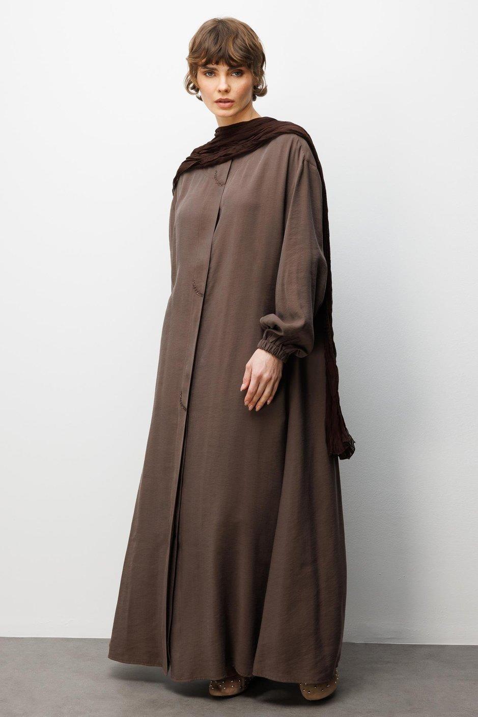 Micca 252562M Soft Modal İçerikli Önde Taş İşlemeli Ferace - Kahve