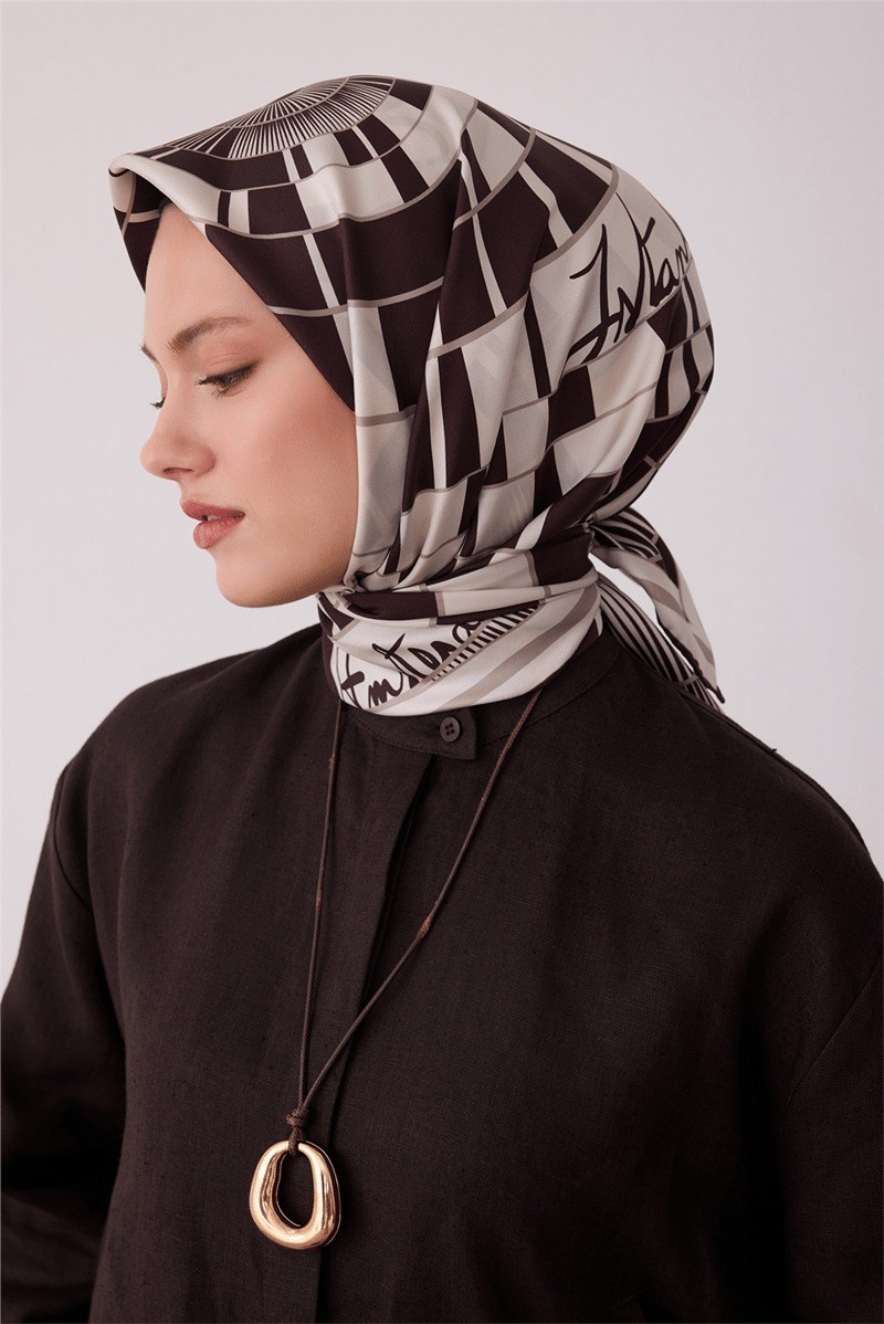 Belli 4411 Kristal Kafes Geometrik %100 Twill İpek Eşarp - Acı Kahve Eşarp BELLI 