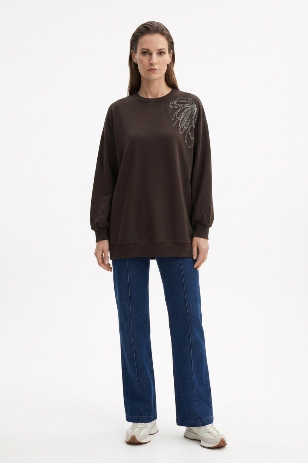 Tek Omuz İşlemeli İnce Sweat Tunik 3494 Kahve Tunik Ekrutex 