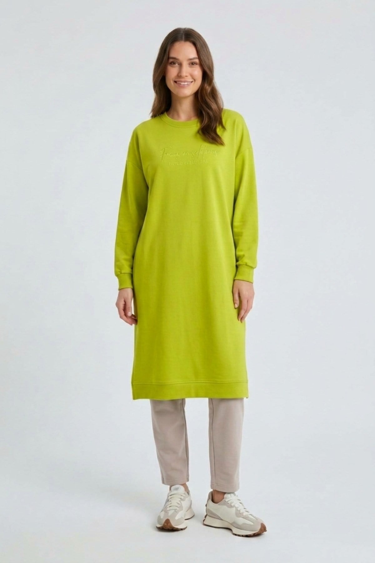 Tonaton Nakışlı Uzun Basıc S-Shırt 0034436 Lime Tunik İKOLL 