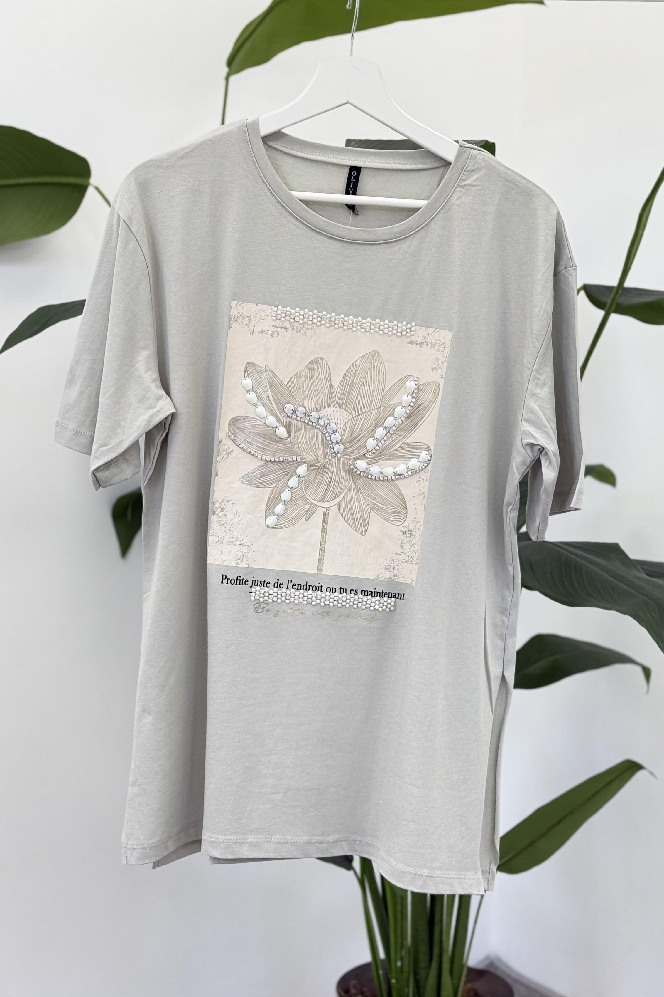 Çiçek Elişi Detaylı Tshirt 3072 - Gri
