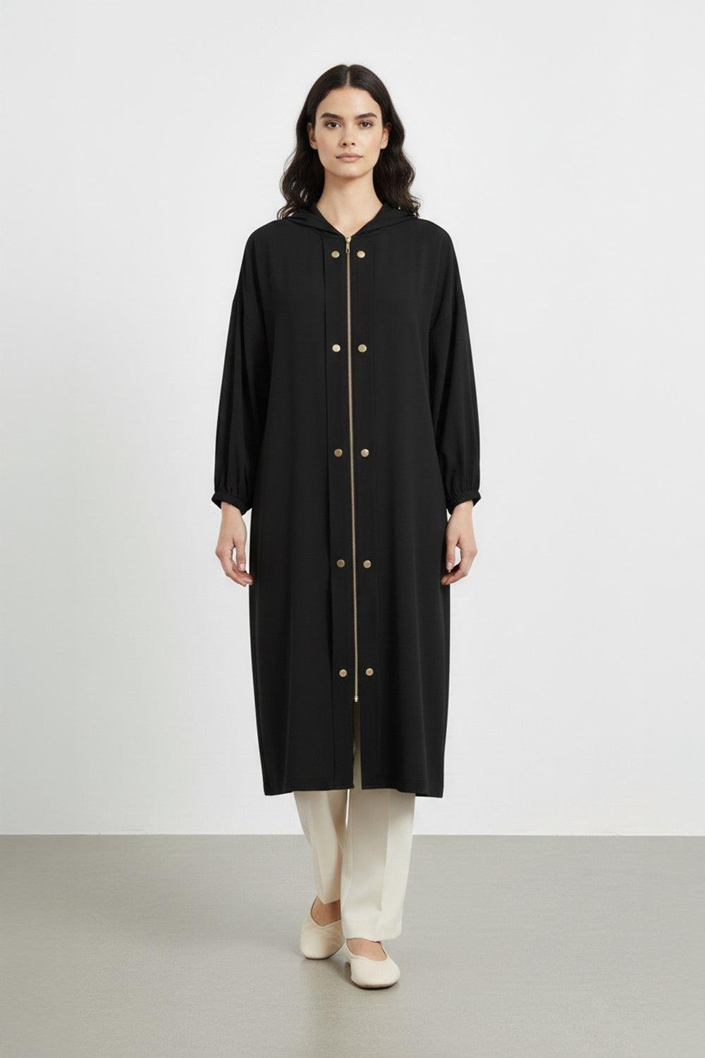 Çift Düğme Detaylı Fermuarlı Kap 15251 - Siyah