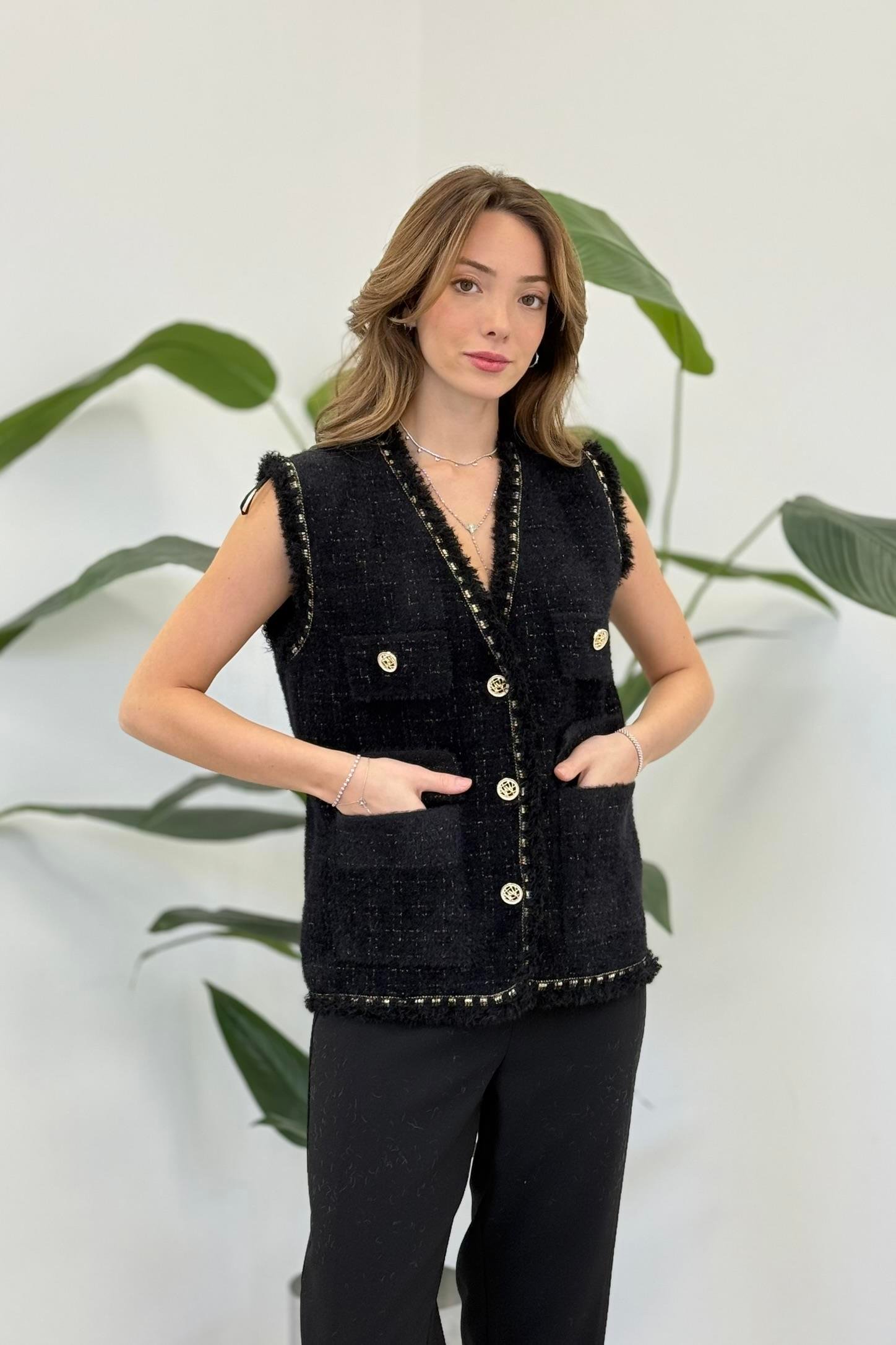 Angora Sim ve Püskül Detaylı Yelek 140363 - Siyah